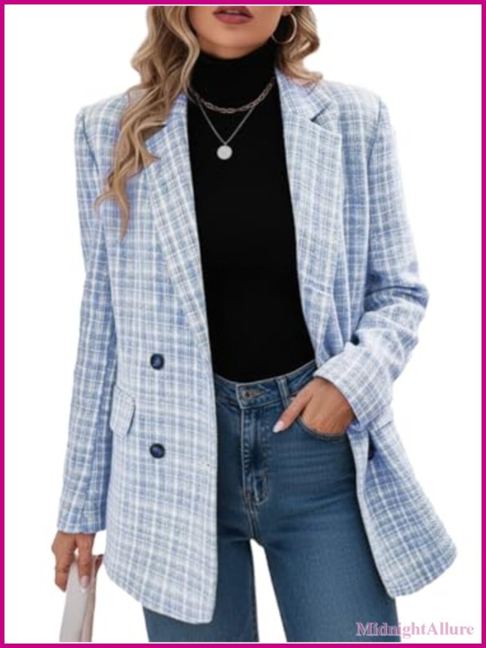 Plaid Tweed Blazer Jacket Open Front Business Casual Work Office